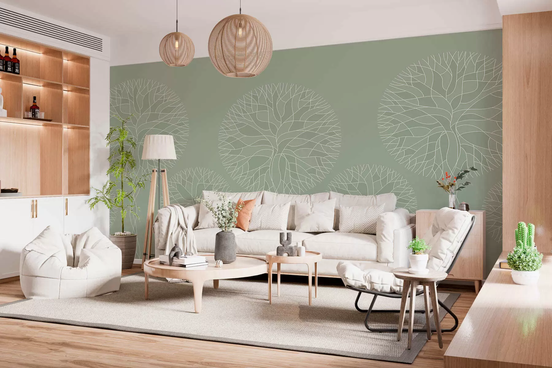 Fototapeta Fantazyjne drzewa o liniowych kształtach i bujnych koronach w jasnozielonych odcieniach w05213v6