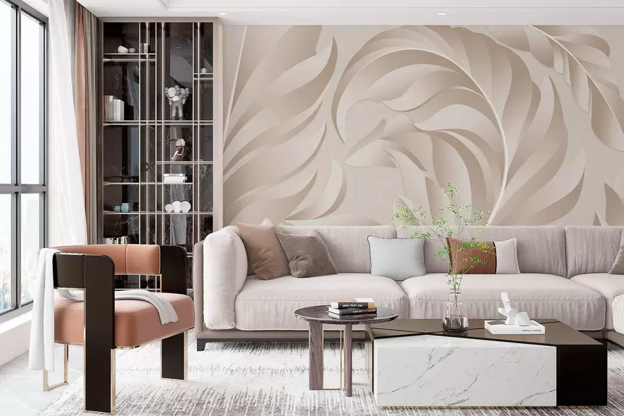 Fototapeta duże teksturowane pióra w odcieniach beżu i pudrowych kolorach w05231