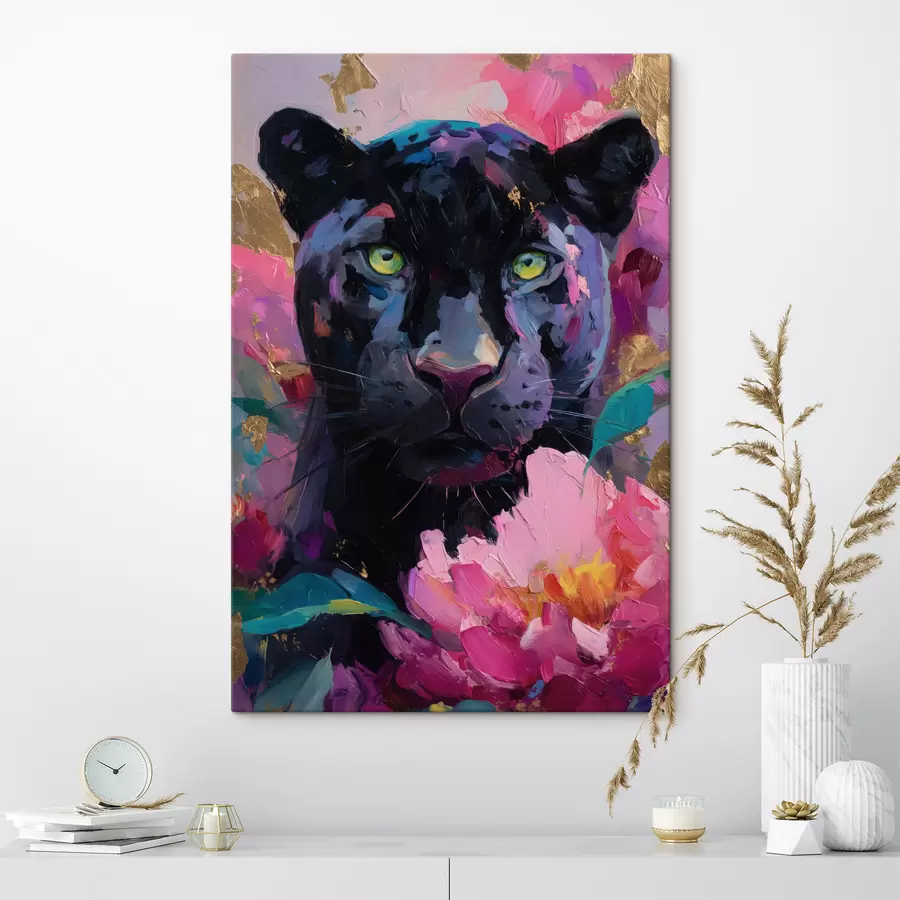 Obraz czarna pantera wśród piwonii s47935