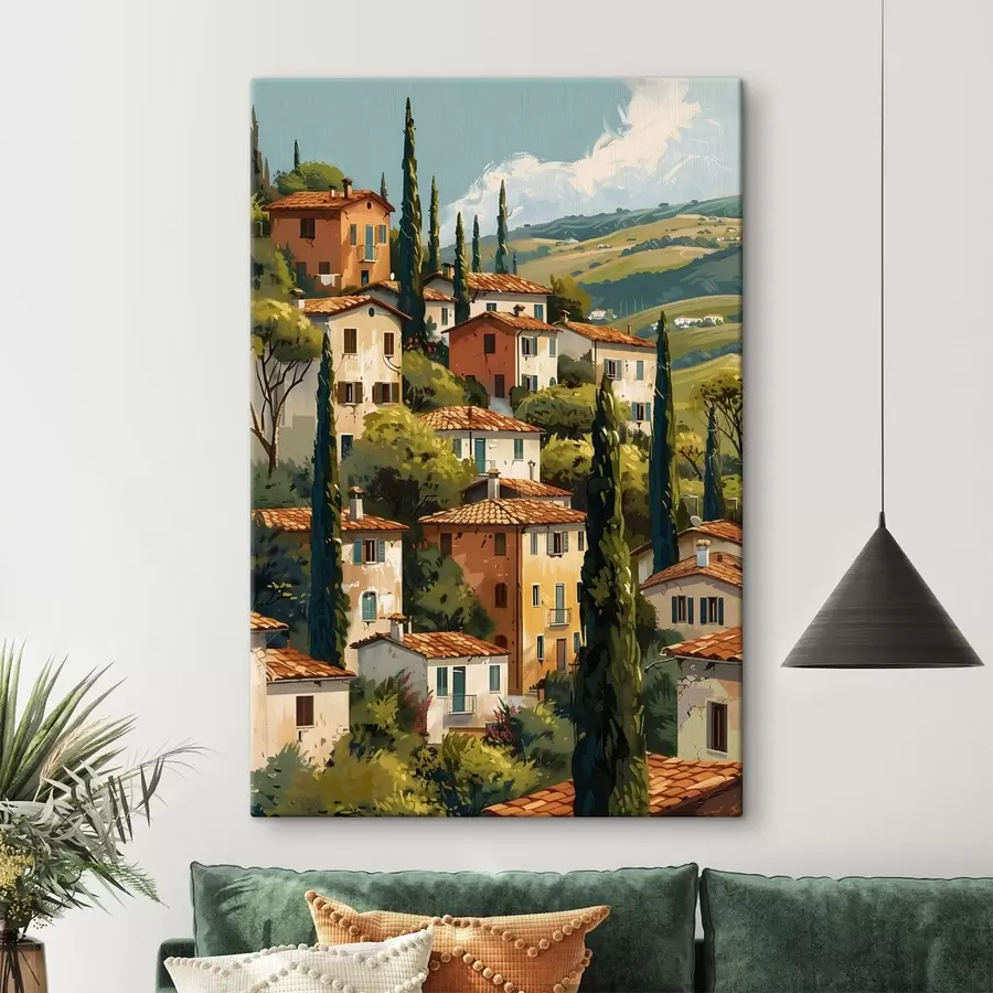 Obraz śródziemnomorska wioska na wzgórzu, domy w ciepłych kolorach z dachami z terakoty s47950