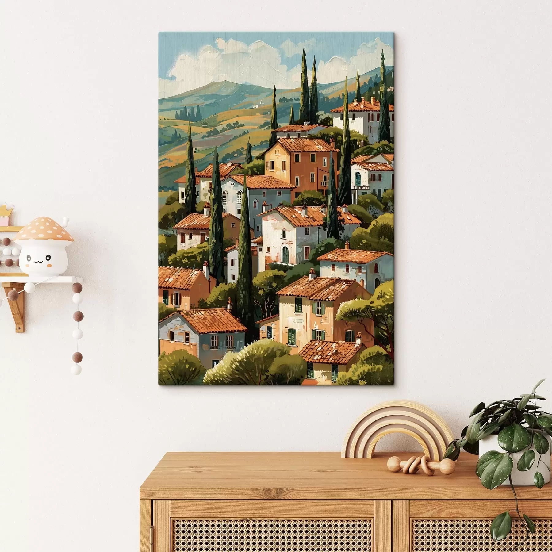 Obraz śródziemnomorska wioska na wzgórzu, domy w ciepłych kolorach z dachami z terakoty s47951