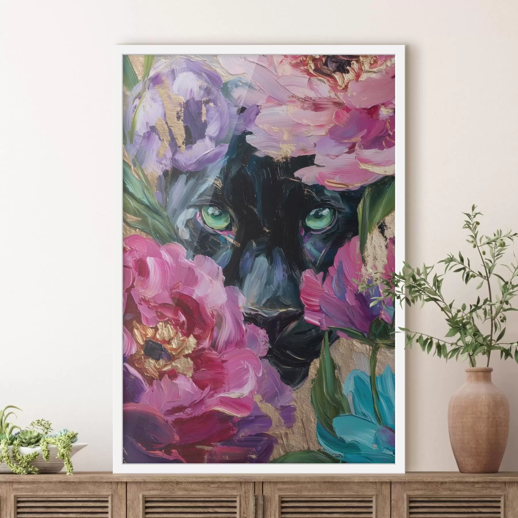 Fototapeta czarna pantera wygląda spośród piwonii f47936