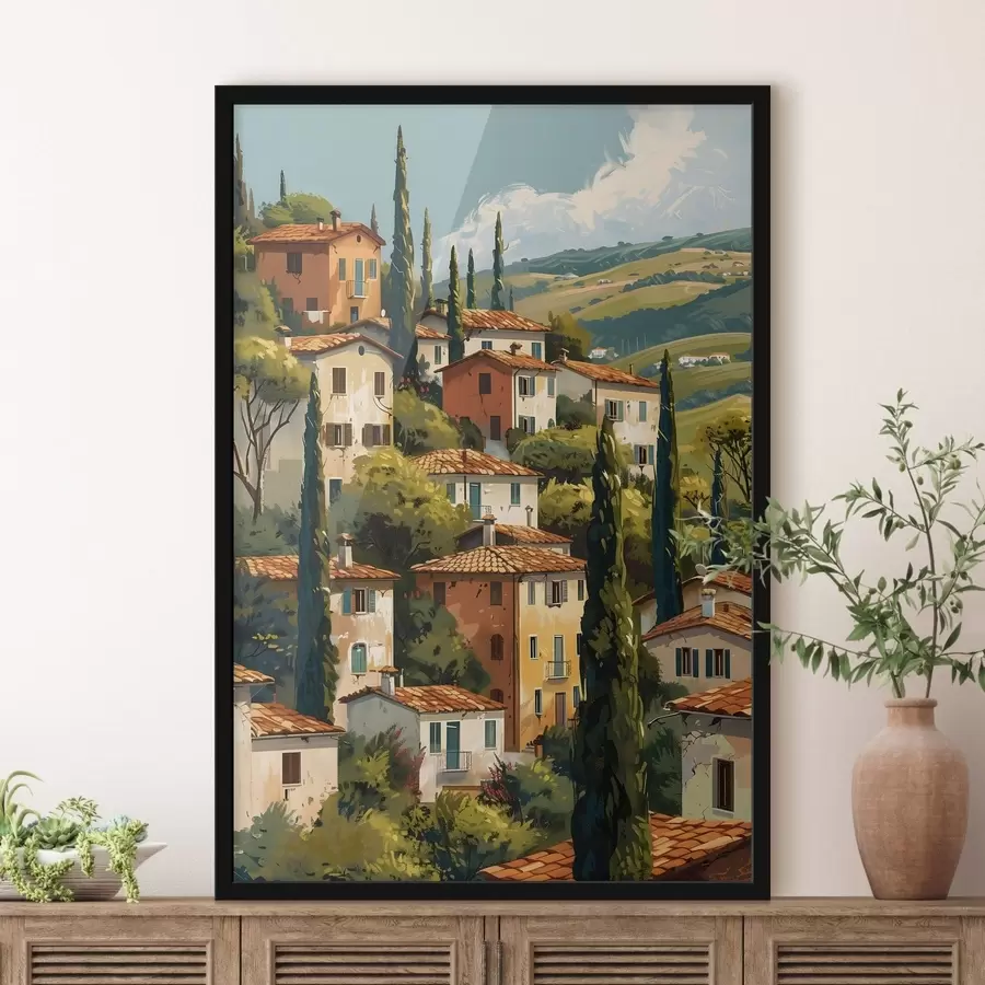 Fototapeta śródziemnomorska wioska na wzgórzu, domy w ciepłych kolorach z dachami z terakoty f47950