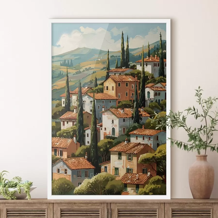 Fototapeta śródziemnomorska wioska na wzgórzu, domy w ciepłych kolorach z dachami z terakoty f47951