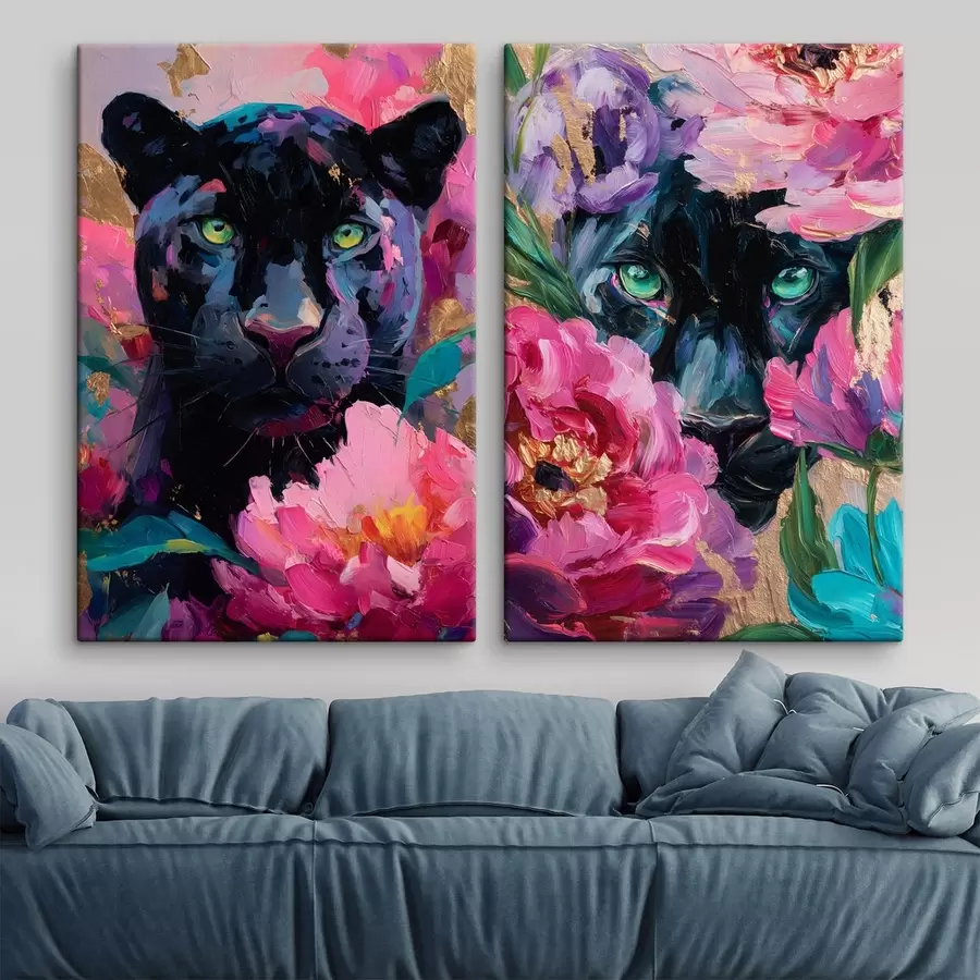 Obraz czarna pantera wśród piwonii m30090