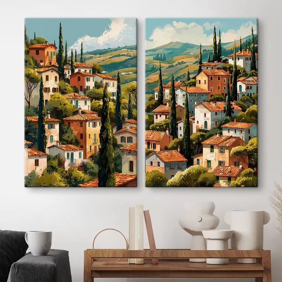 Fototapeta śródziemnomorska wioska na wzgórzu, domy w ciepłych kolorach z dachami z terakoty m30097