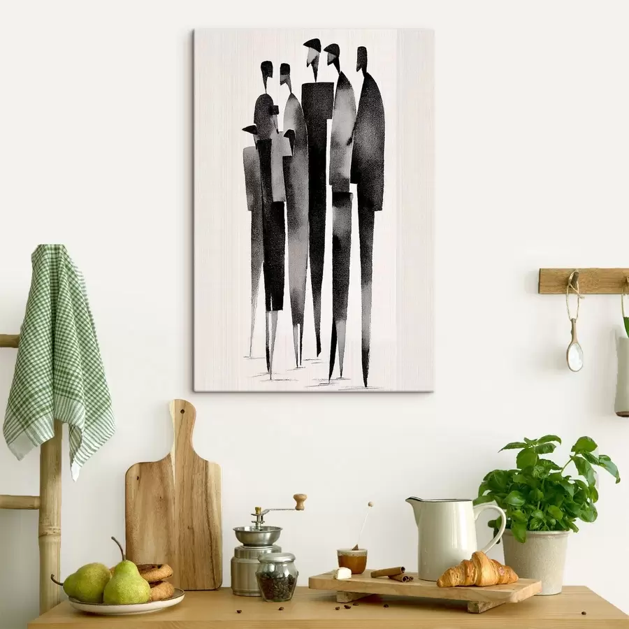 Obraz minimalistyczne, wydłużone postacie ludzkie stojące w rzędzie s48068
