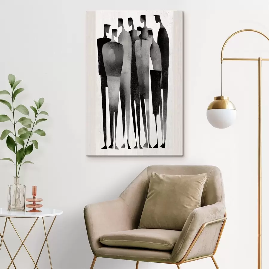 Obraz minimalistyczne, wydłużone postacie ludzkie stojące w rzędzie s48069