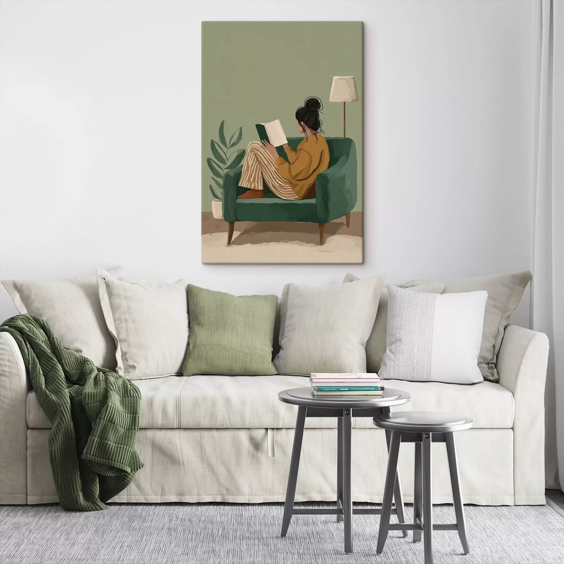 Obraz minimalistyczna, przytulna ilustracja kobiety siedzącej w fotelu i czytającej książkę s48118