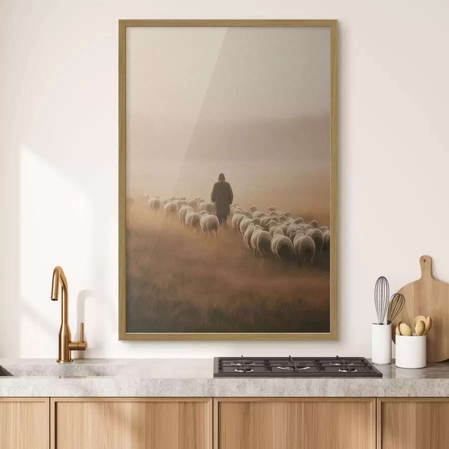 Fototapeta pasterz spacerujący z owcami na otwartej przestrzeni f48077