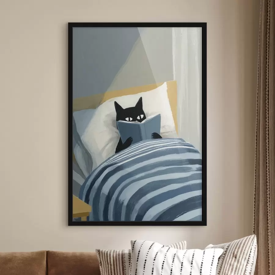 Fototapeta minimalistyczna płaska ilustracja przedstawiająca czarnego kota czytającego książkę w łóżku f48117