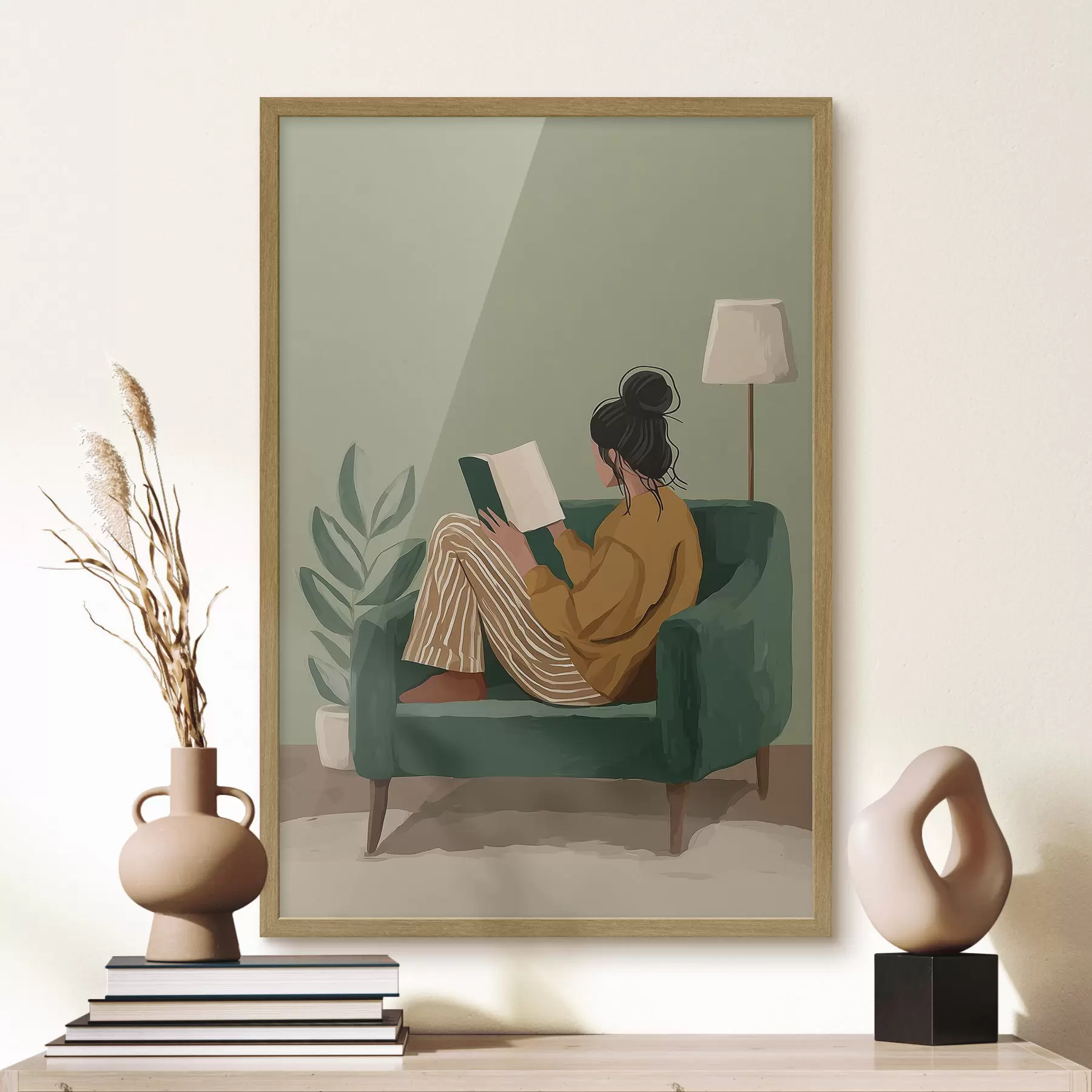 Fototapeta minimalistyczna, przytulna ilustracja kobiety siedzącej w fotelu i czytającej książkę f48118