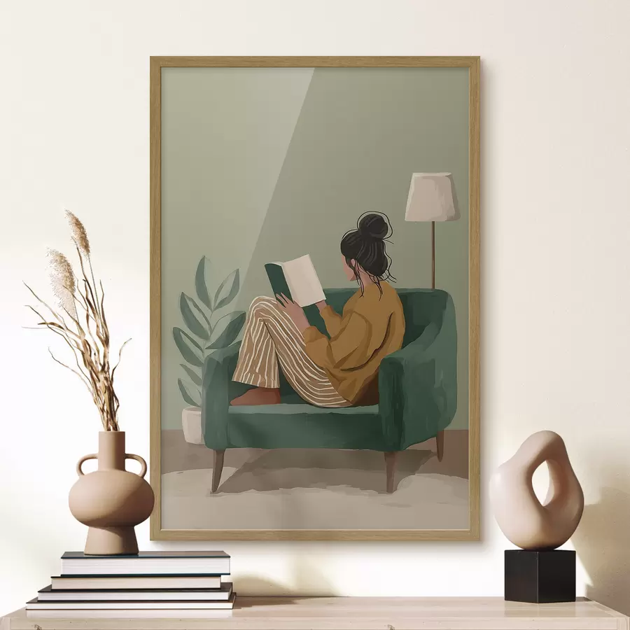 Fototapeta minimalistyczna, przytulna ilustracja kobiety siedzącej w fotelu i czytającej książkę f48118