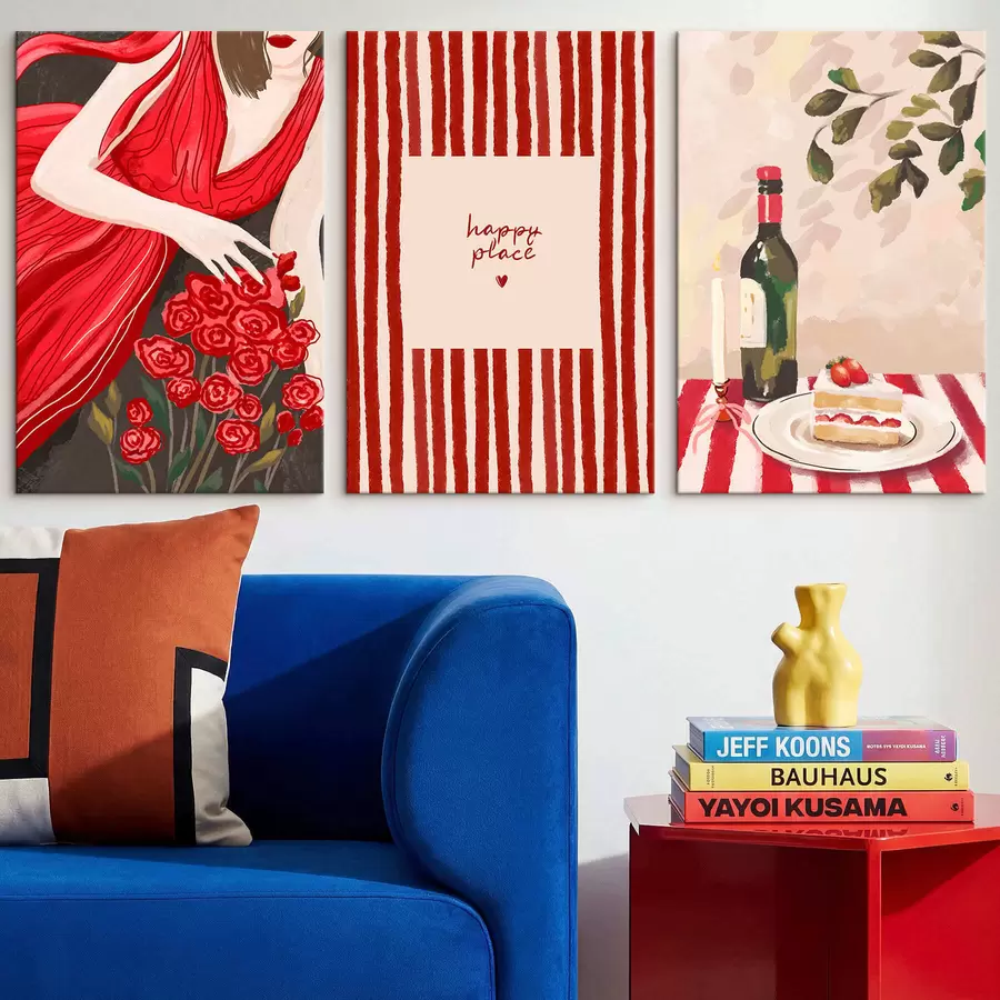 Obraz Kobieta z różami, plakat w paski i stół m30099