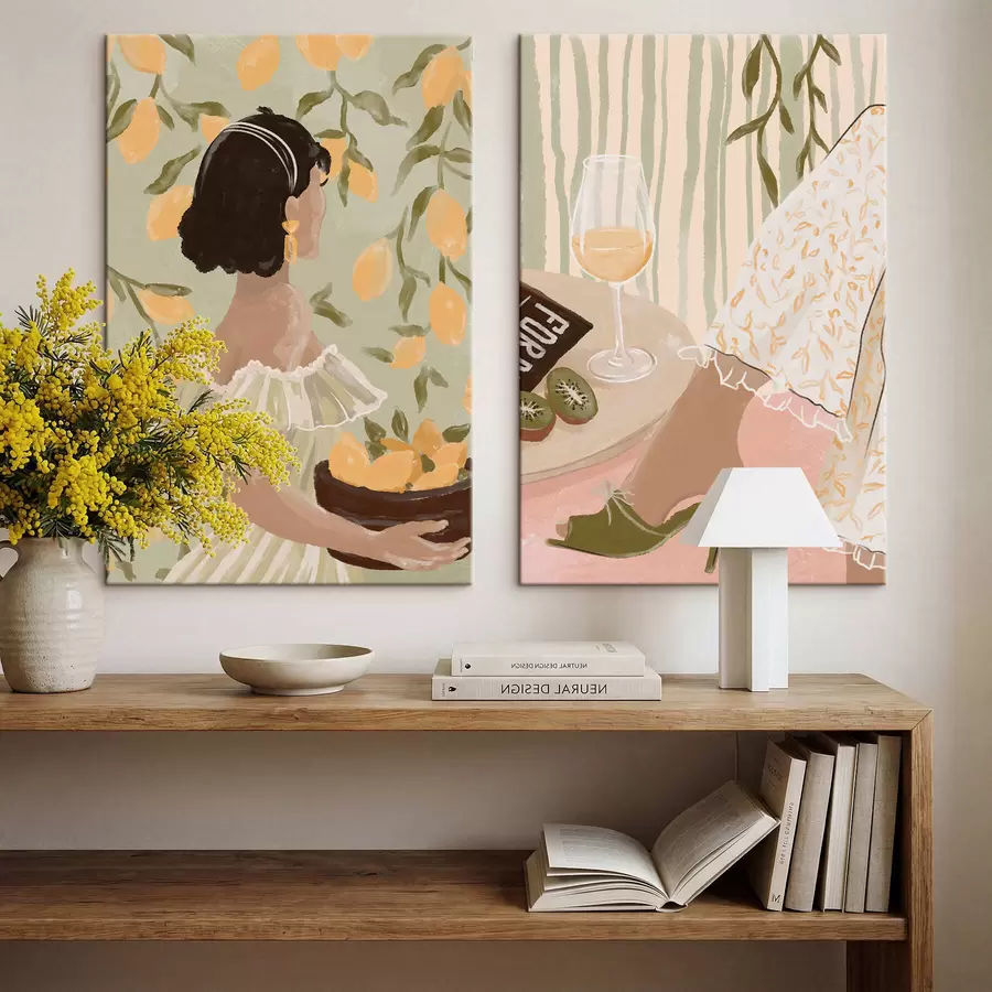 Obraz Kobieta z cytrynami i stołem ze szklanką m30104