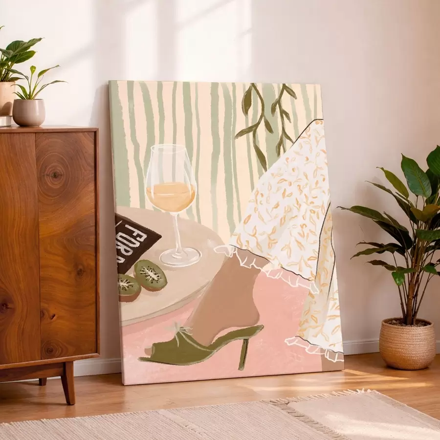 Obraz Stół z kieliszkiem do wina i kiwi przy sukience s48021