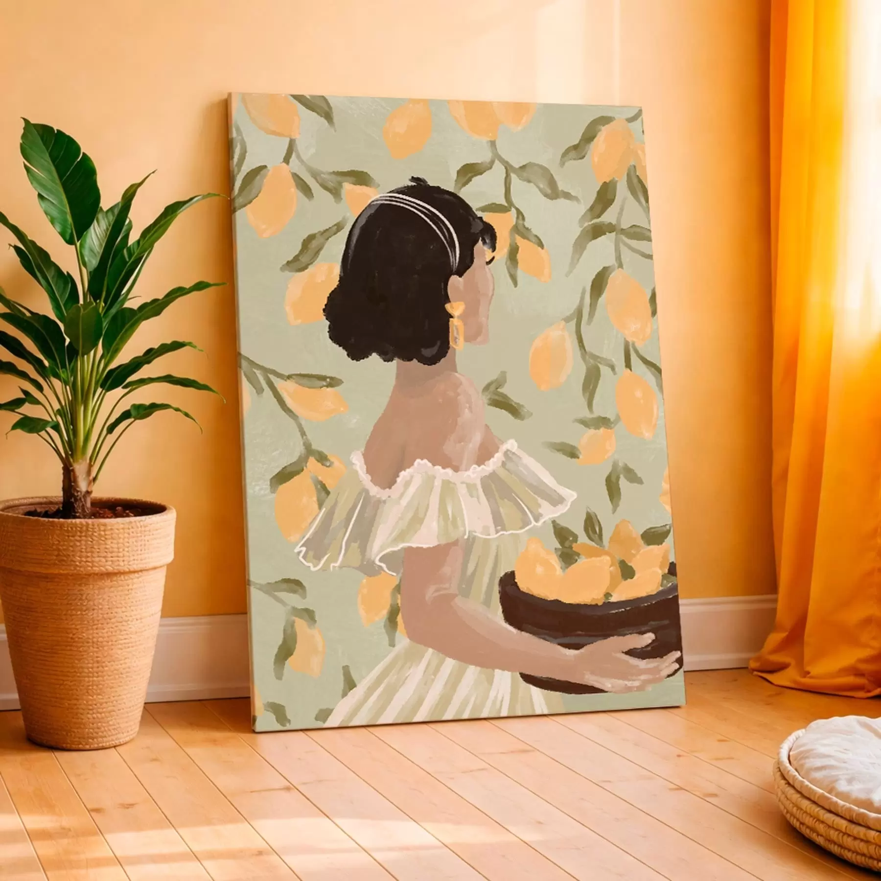 Obraz Kobieta trzymająca miskę cytryn za gałęzie s48023