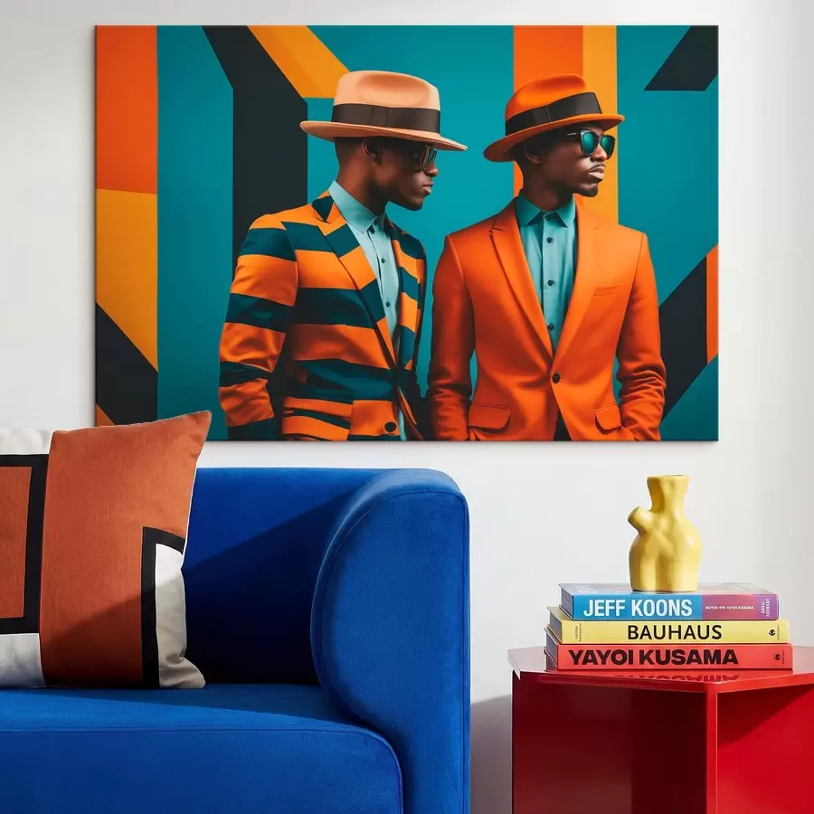 Obraz Dwóch mężczyzn w jasnych garniturach i kapeluszach s48091