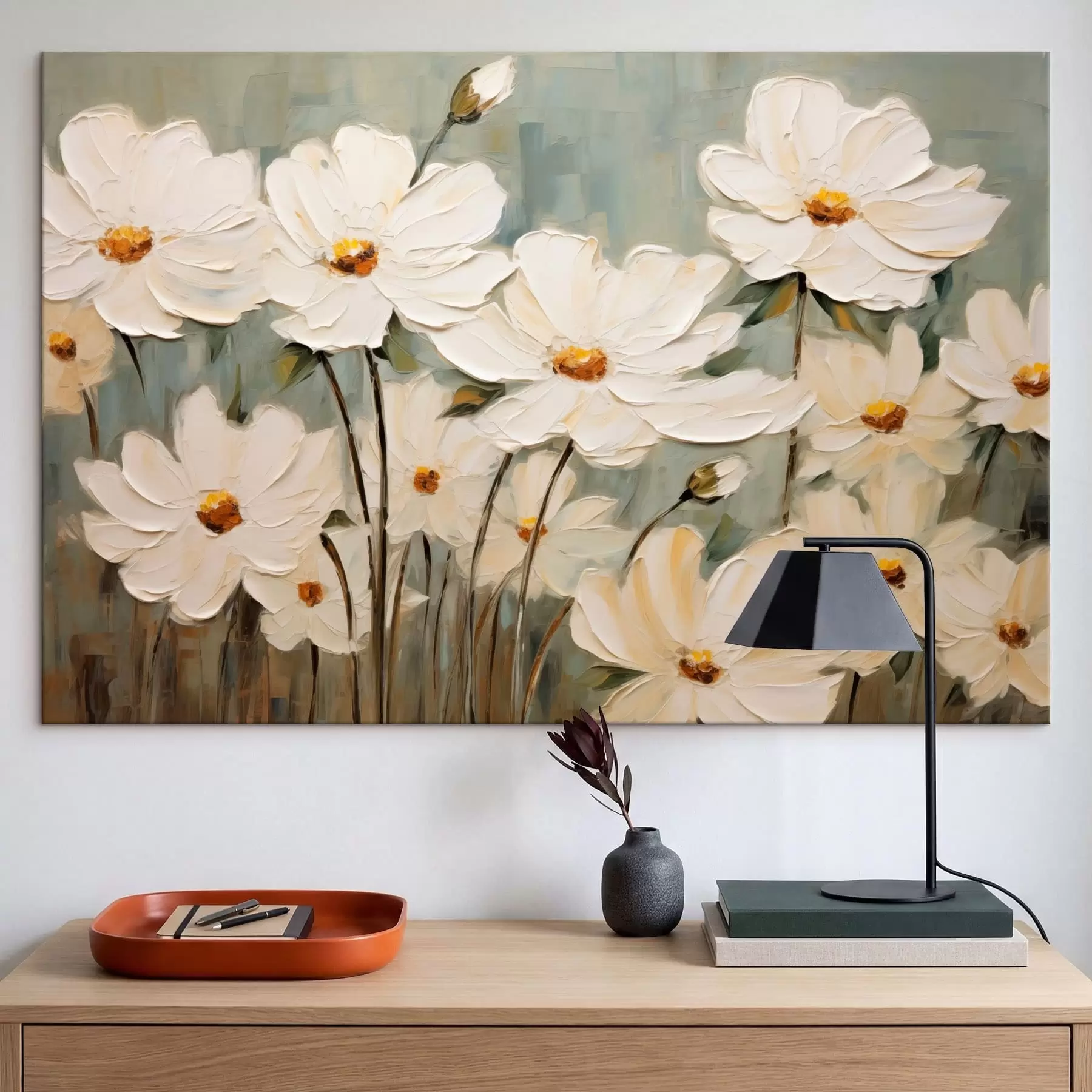 Obraz Białe kwiaty na teksturowanym tle, pociągnięcia pędzlem s48094