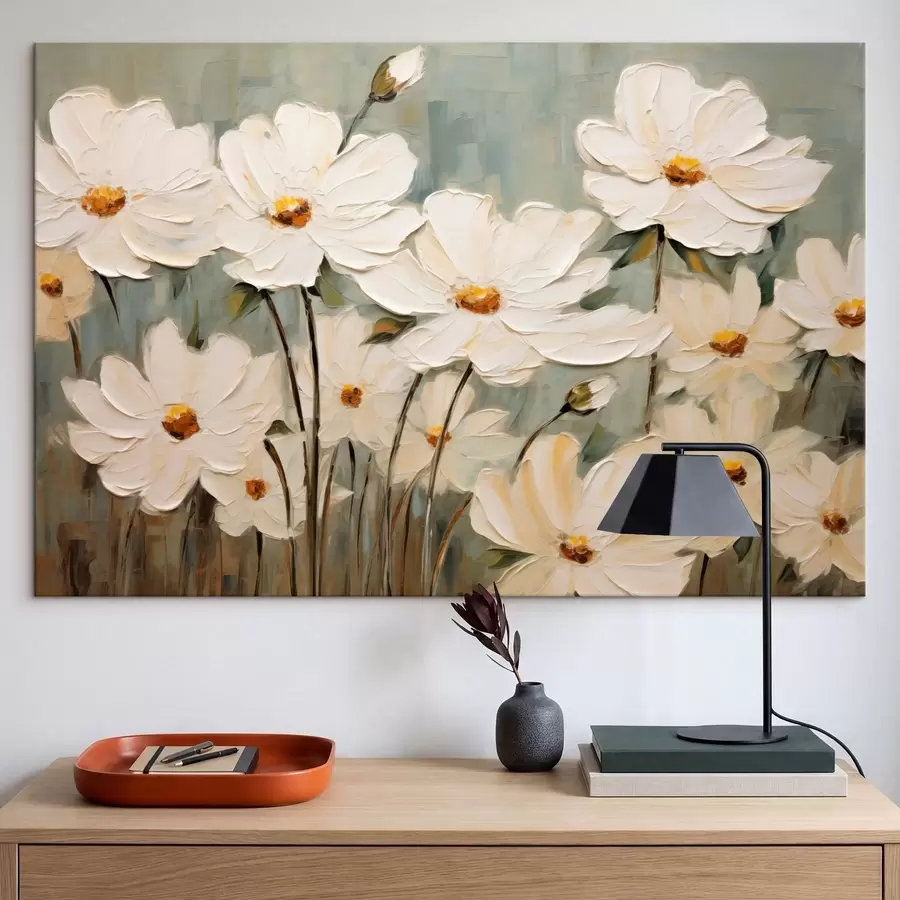 Obraz Białe kwiaty na teksturowanym tle, pociągnięcia pędzlem s48094