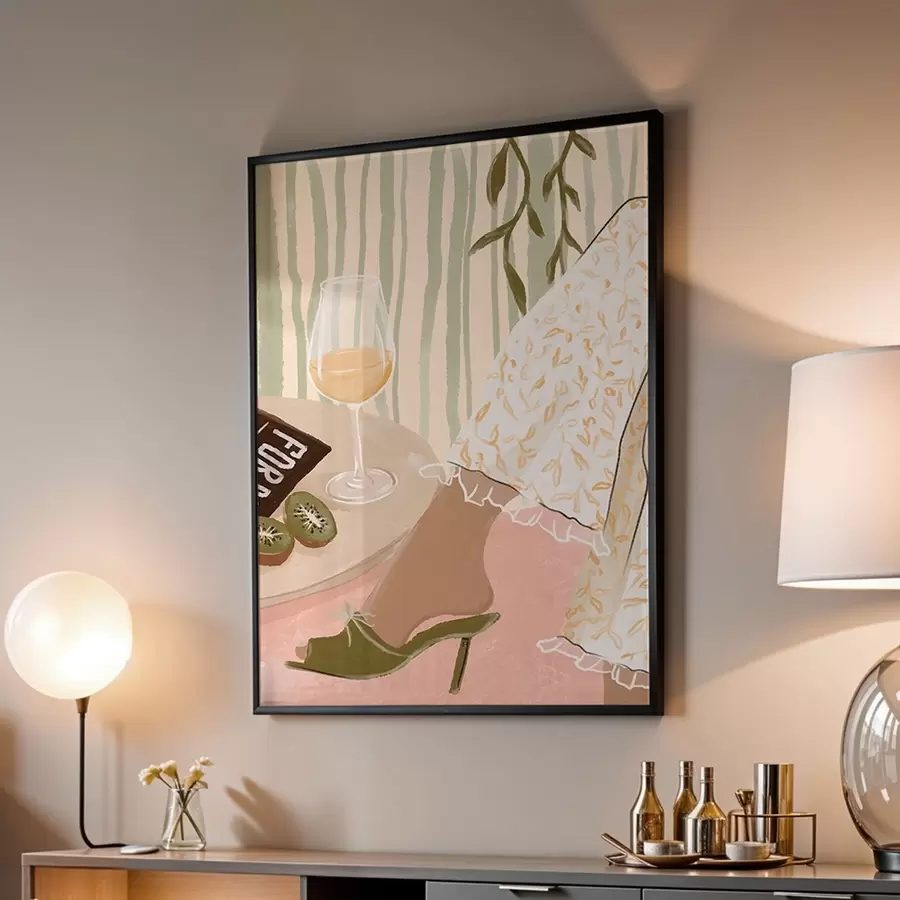 Fototapeta Stół z kieliszkiem do wina i kiwi przy sukience f48021