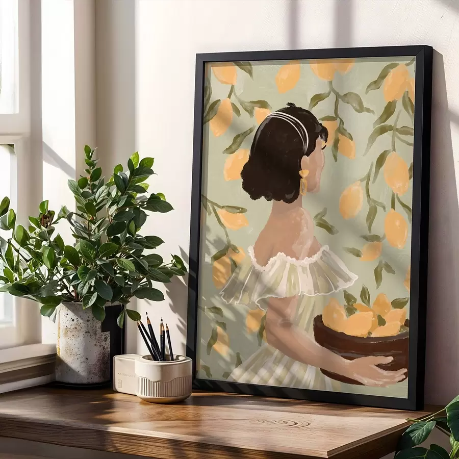 Fototapeta Kobieta trzymająca miskę cytryn za gałęzie f48023