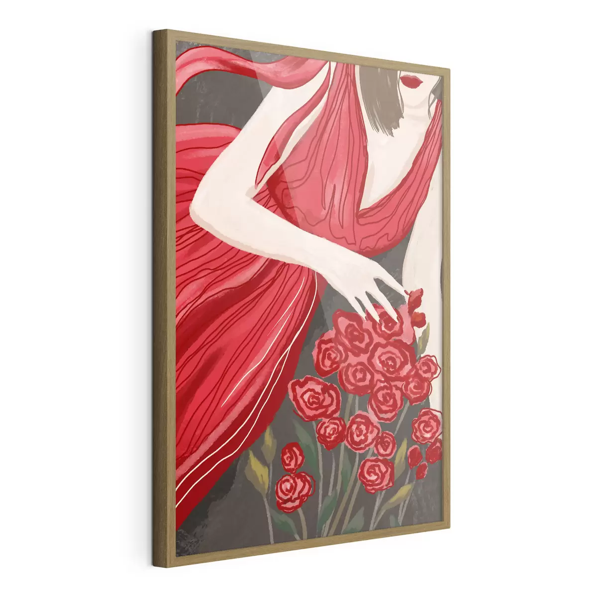Plakat Kobieta w czerwonej sukience z bukietem róż f48026