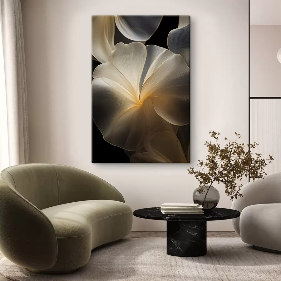 Obraz Abstrakcyjne, płynne, półprzezroczyste płatki o delikatnych liniach na ciemnym tle. s47860