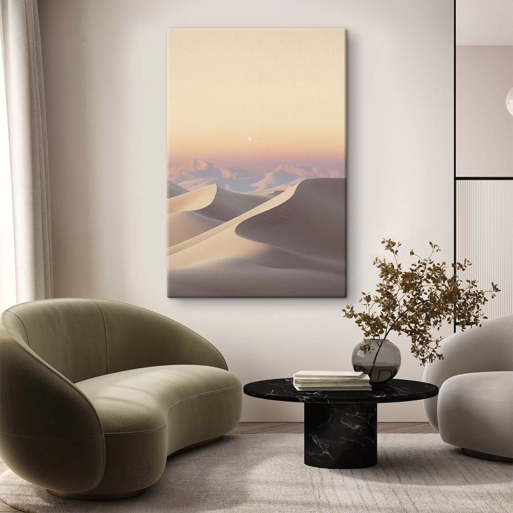 Obraz Pustynny krajobraz z falującymi wydmami pod delikatnym pastelowym niebem, w tle odległe góry. s47865