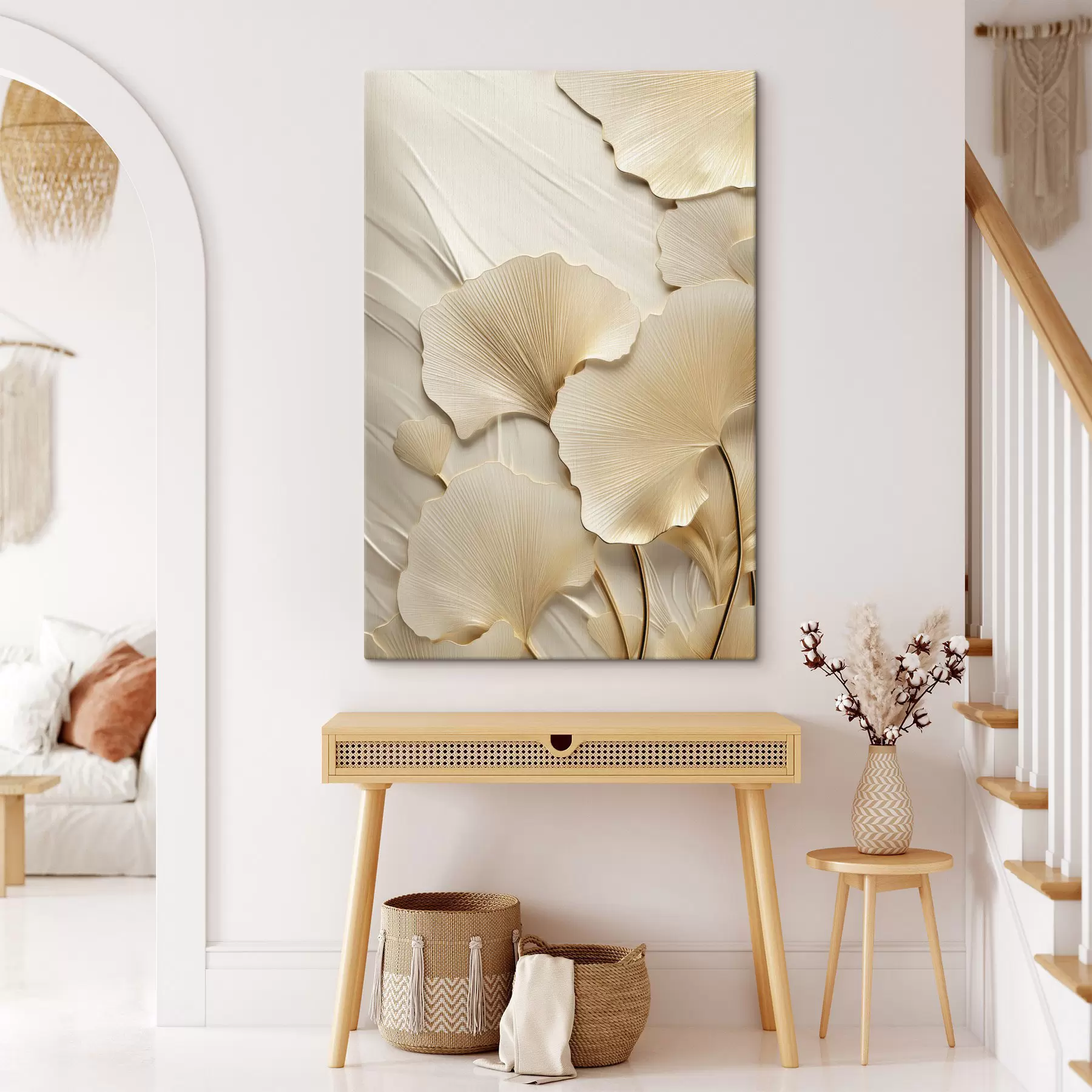 Obraz Abstrakcyjne liście miłorzębu na teksturowanym, jasnym tle, elegancka i abstrakcyjna kompozycja s47867