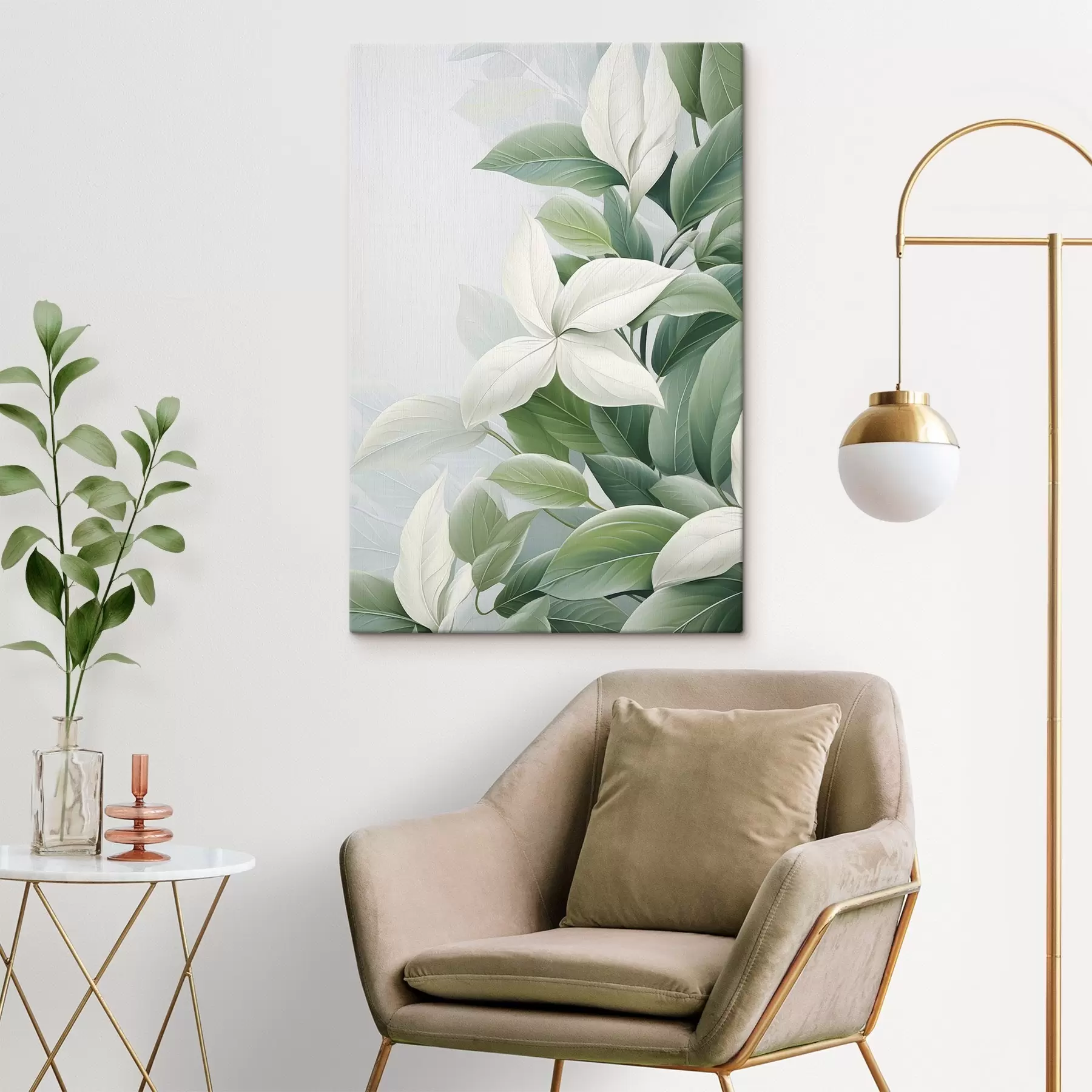 Obraz Białe kwiaty z zielonymi liśćmi, pastelowe tło s47870