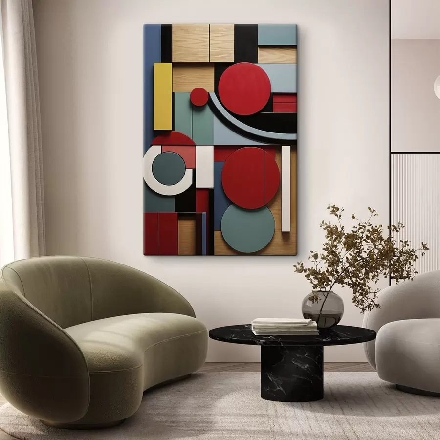 Obraz Abstrakcyjna kompozycja geometryczna z imitacją tekstury drewna, czerwonymi, czarnymi, białymi i turkusowymi prostokątami i okręgami. s47876