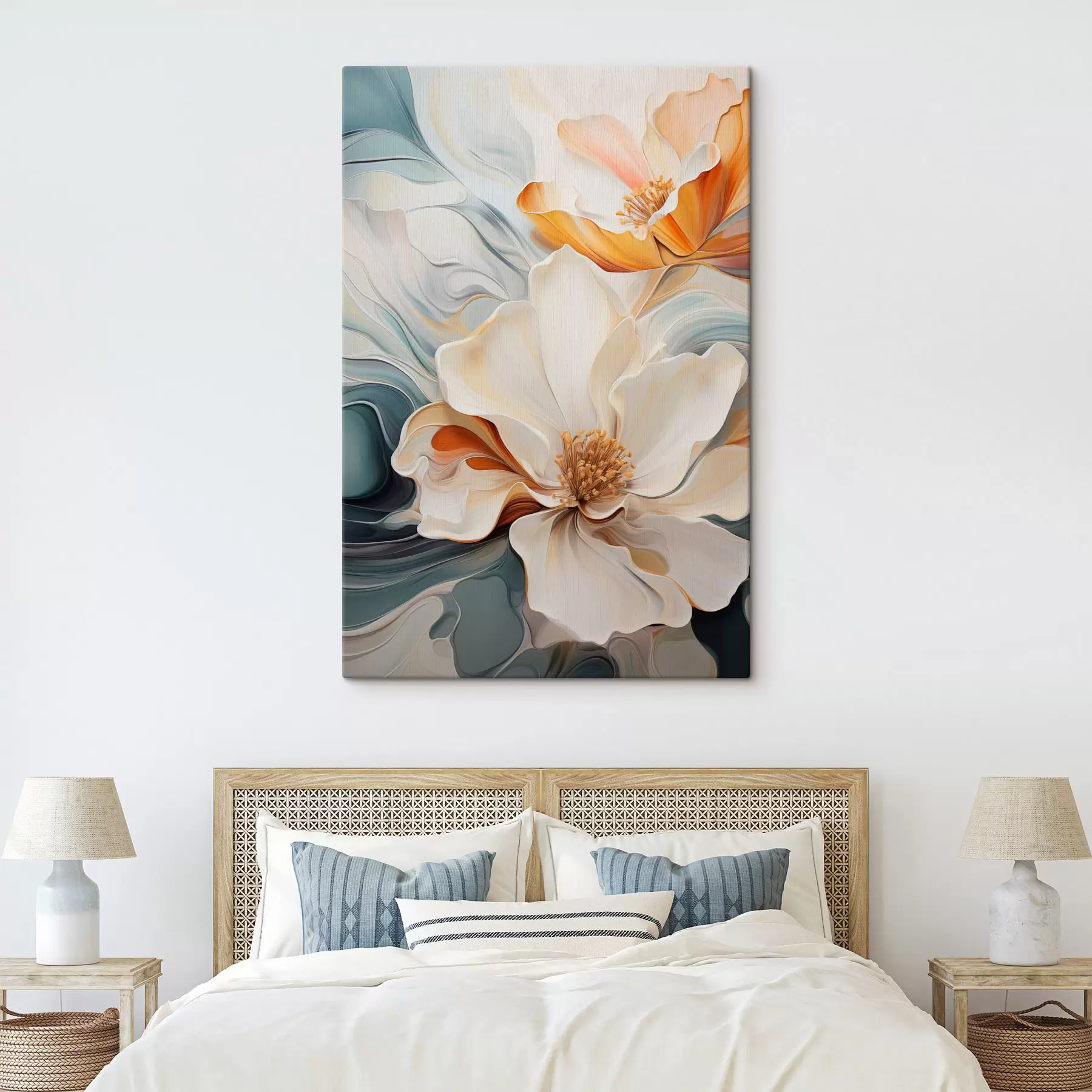 Obraz Abstrakcyjny duży kwiat z białymi, pomarańczowymi i turkusowymi płatkami, teksturowane tło s47878