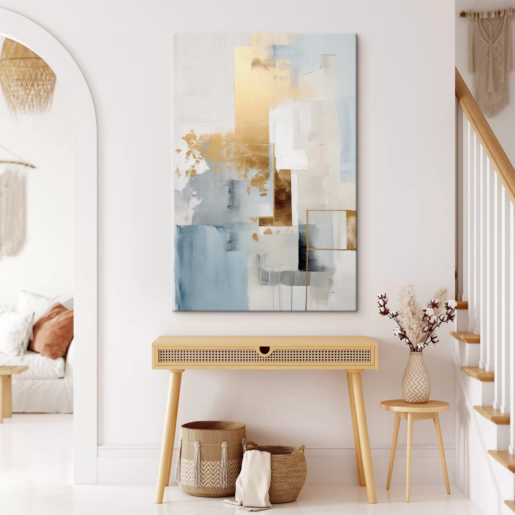 Obraz Abstrakcyjne geometryczne kształty w kolorach żółtym, niebieskim i białym, teksturowana i minimalistyczna kompozycja s47881