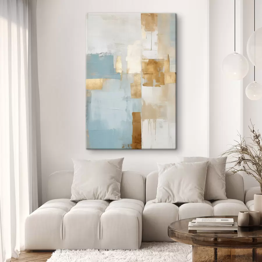 Obraz Abstrakcyjne geometryczne kształty w kolorach żółtym, niebieskim i białym, teksturowana i minimalistyczna kompozycja s47882