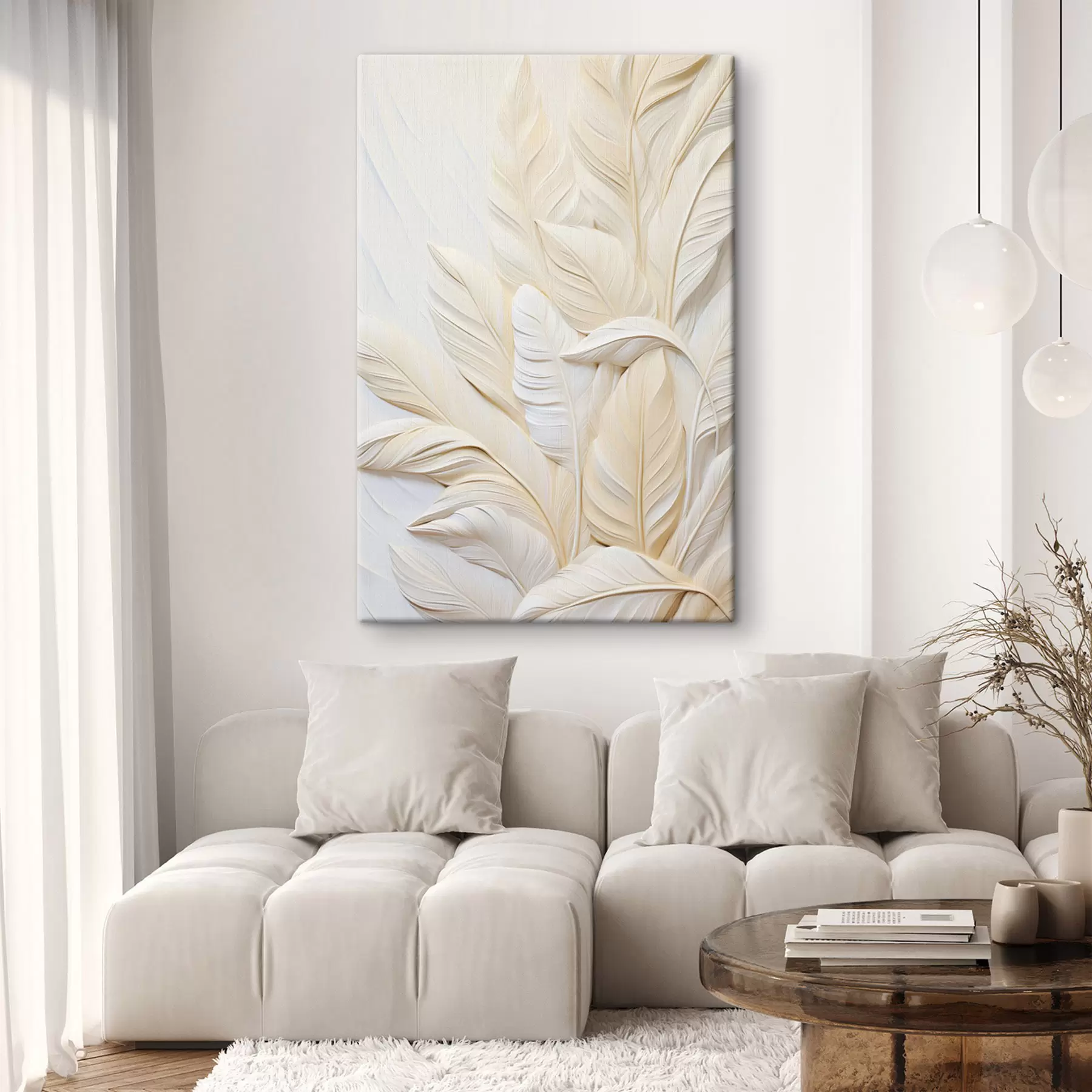 Obraz Kremowe pióra nakładające się na siebie, na delikatnym, jasnym tle s47883