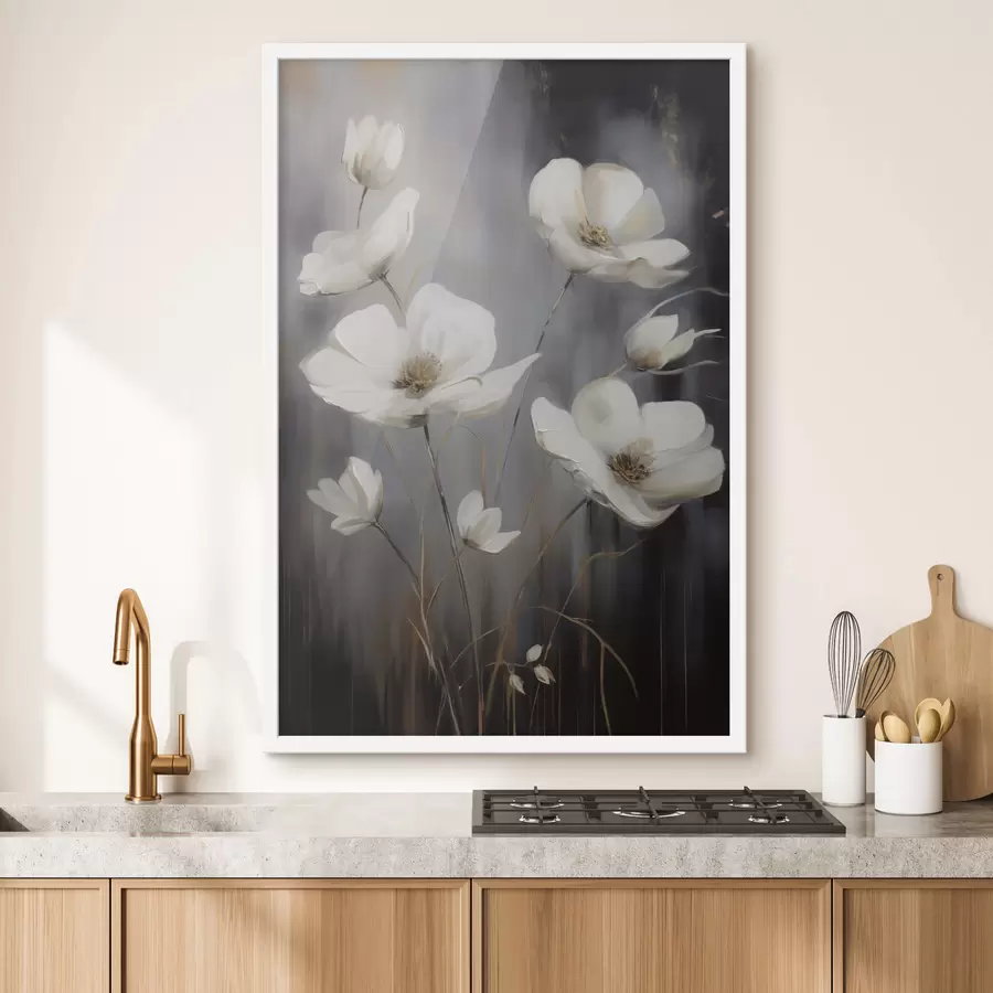 Fototapeta Białe kwiaty z brązowymi środkami i cienkimi łodygami na ciemnym, teksturowanym tle f47858