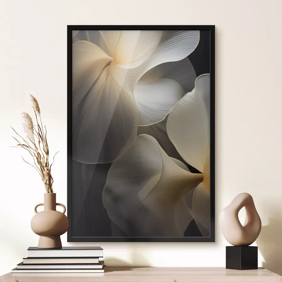 Fototapeta Abstrakcyjne, płynne, półprzezroczyste płatki o delikatnych liniach na ciemnym tle. f47859