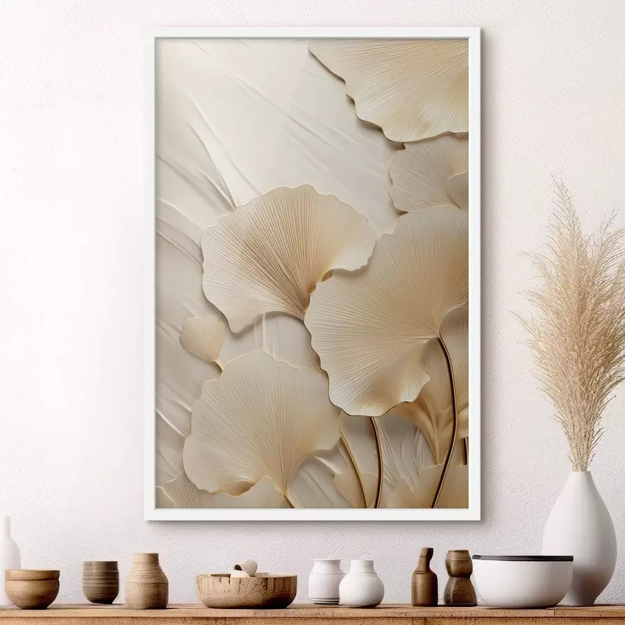 Fototapeta Abstrakcyjne liście miłorzębu na teksturowanym, jasnym tle, elegancka i abstrakcyjna kompozycja f47867