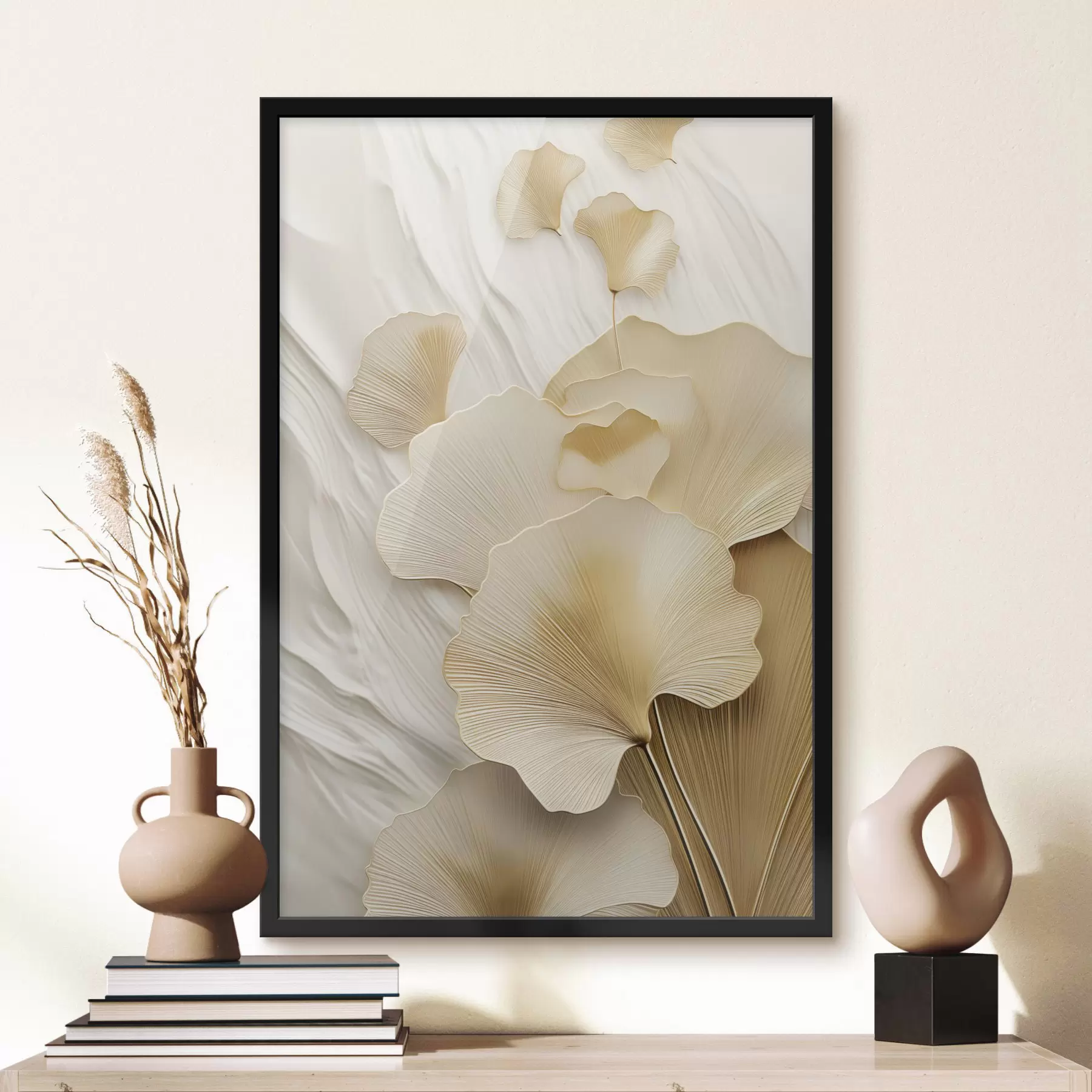 Fototapeta Abstrakcyjne liście miłorzębu na teksturowanym, jasnym tle, elegancka i abstrakcyjna kompozycja f47868