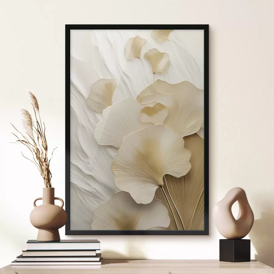 Fototapeta Abstrakcyjne liście miłorzębu na teksturowanym, jasnym tle, elegancka i abstrakcyjna kompozycja f47868