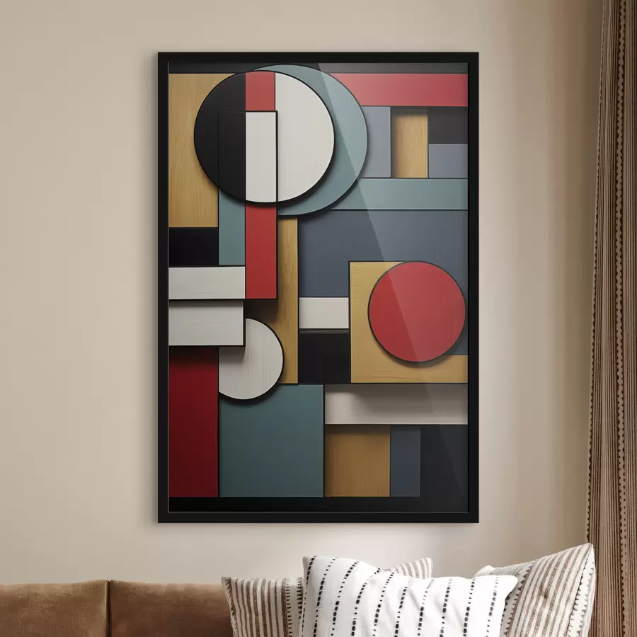 Fototapeta Abstrakcyjna kompozycja geometryczna z imitacją tekstury drewna, czerwonymi, czarnymi, białymi i turkusowymi prostokątami i okręgami. f47875