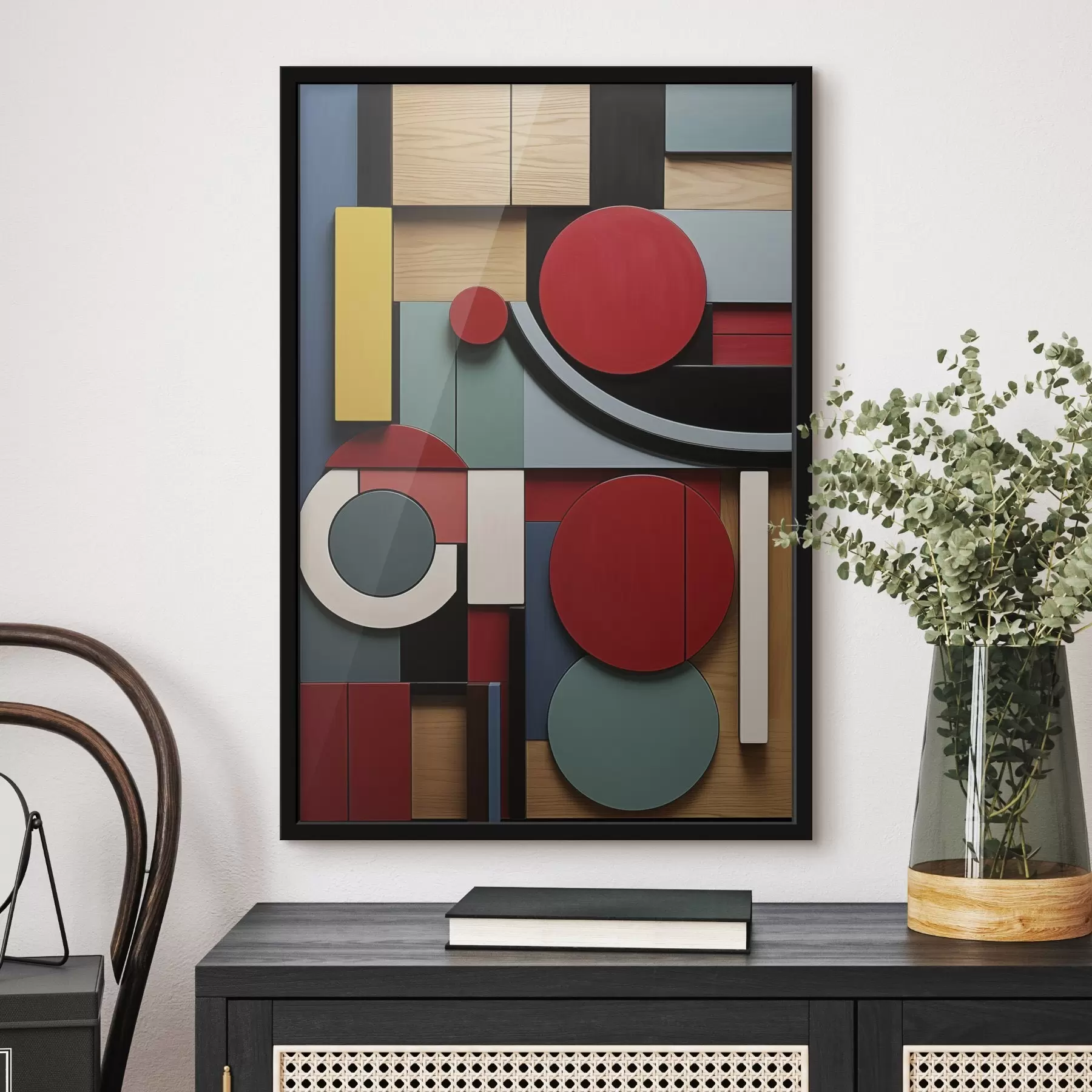 Fototapeta Abstrakcyjna kompozycja geometryczna z imitacją tekstury drewna, czerwonymi, czarnymi, białymi i turkusowymi prostokątami i okręgami. f47876