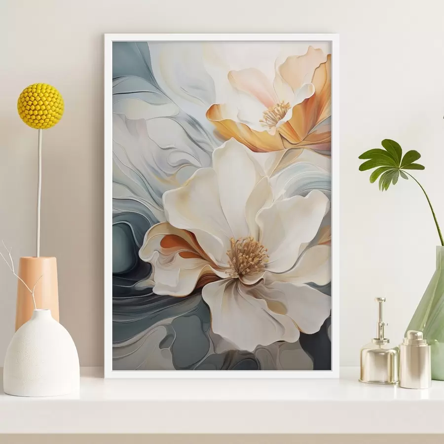 Fototapeta Abstrakcyjny duży kwiat z białymi, pomarańczowymi i turkusowymi płatkami, teksturowane tło f47878