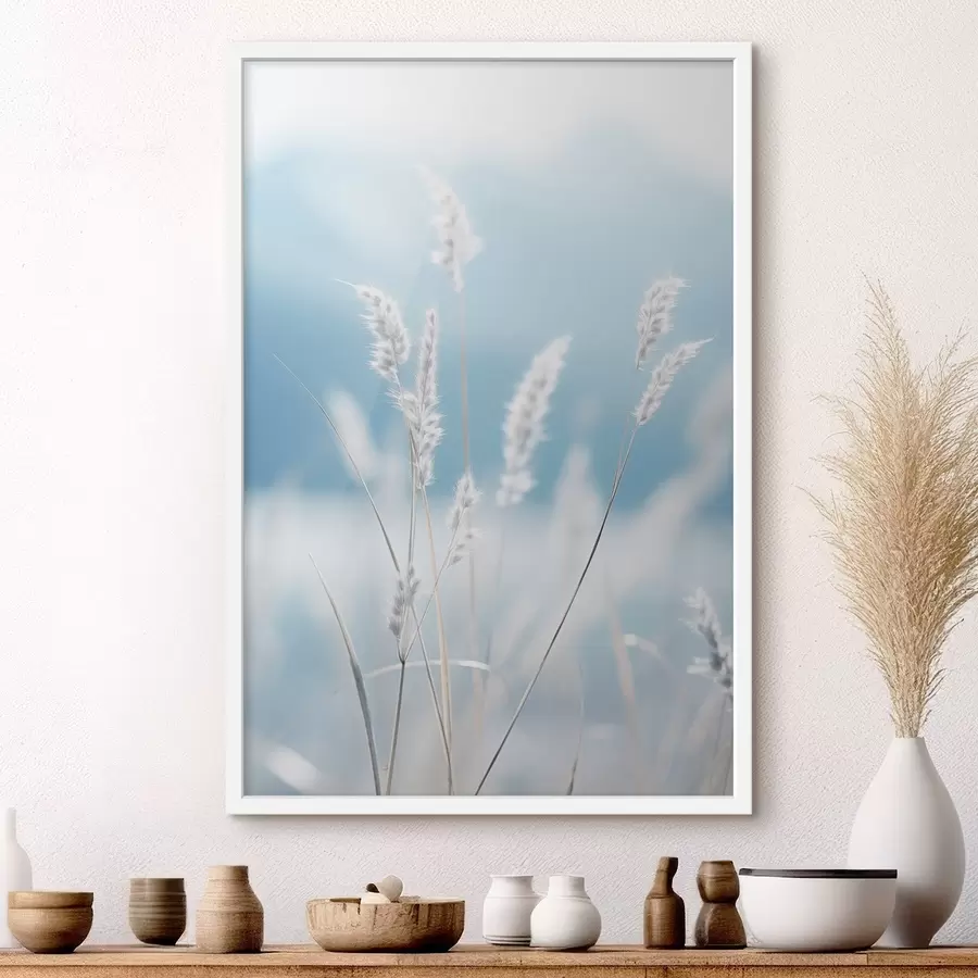 Fototapeta Biała, puszysta trawa na tle delikatnego błękitnego nieba, z płytką głębią ostrości. f47880