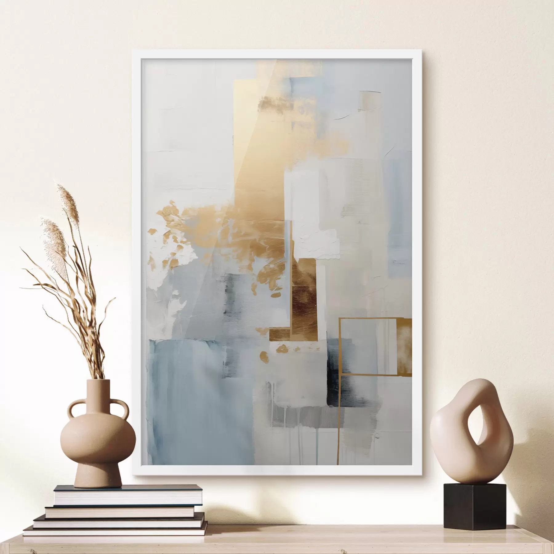 Fototapeta Abstrakcyjne geometryczne kształty w kolorach żółtym, niebieskim i białym, teksturowana i minimalistyczna kompozycja f47881