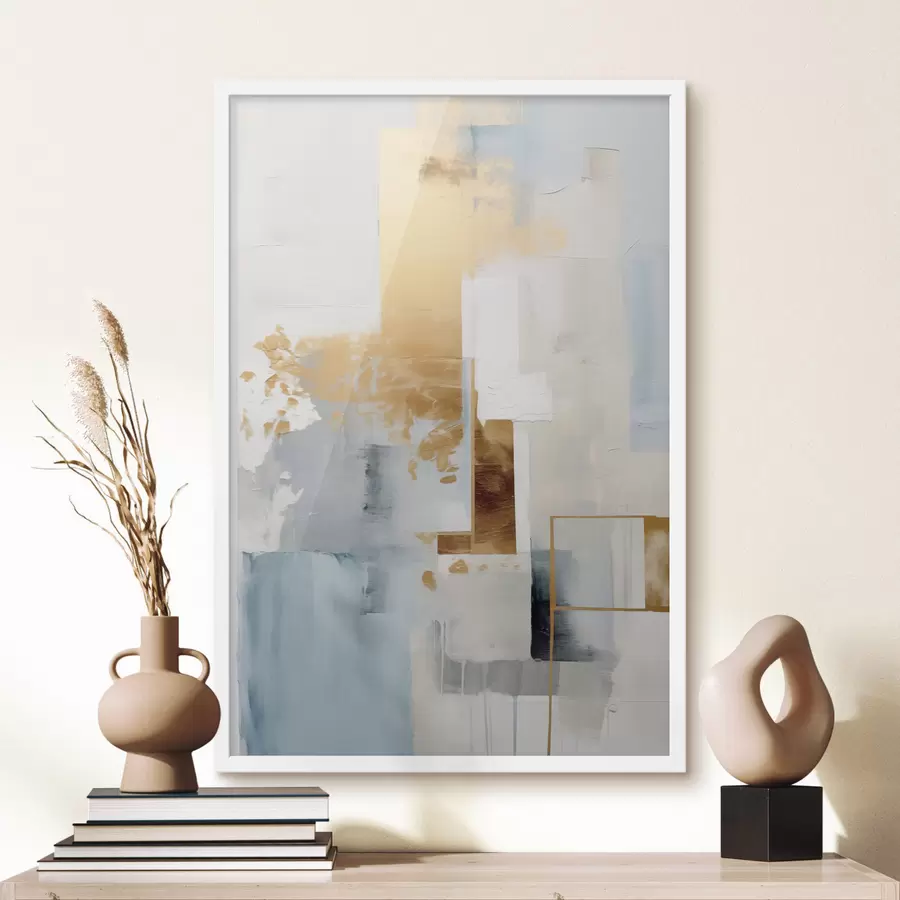 Fototapeta Abstrakcyjne geometryczne kształty w kolorach żółtym, niebieskim i białym, teksturowana i minimalistyczna kompozycja f47881