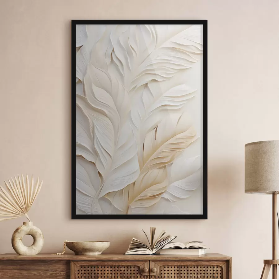 Fototapeta Kremowe pióra nakładające się na siebie, na delikatnym, jasnym tle f47884