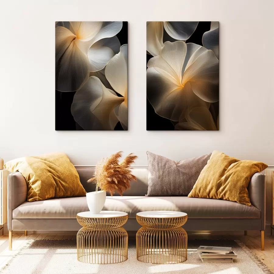 Obraz Abstrakcyjne, płynne, półprzezroczyste płatki o delikatnych liniach na ciemnym tle. m30050