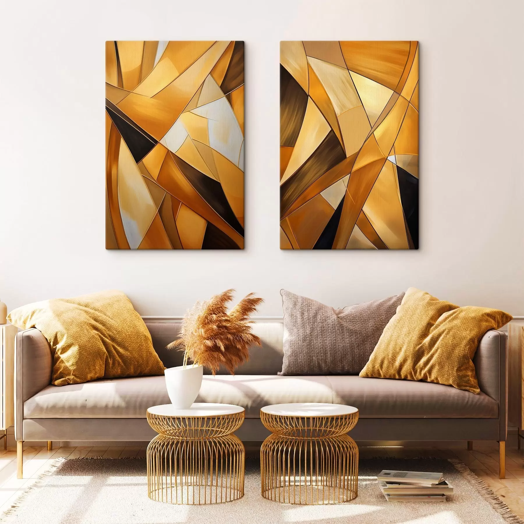 Obraz Abstrakcyjne geometryczne kształty w odcieniach pomarańczowego, brązowego i białego z cienkimi konturami na teksturowanym tle. m30052